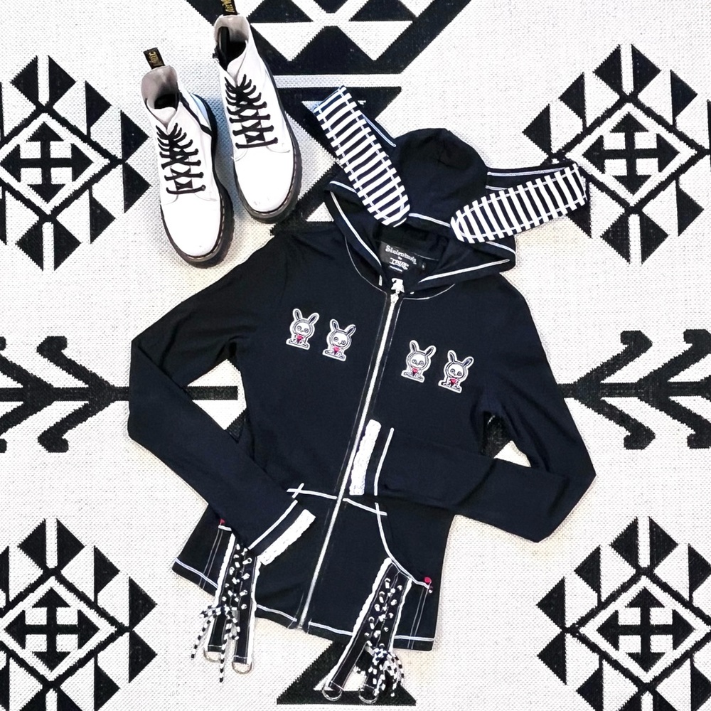 Rare Skelanimals x TRIPP NYC Black Bunny Ears Zip Up Hoodie Size Large